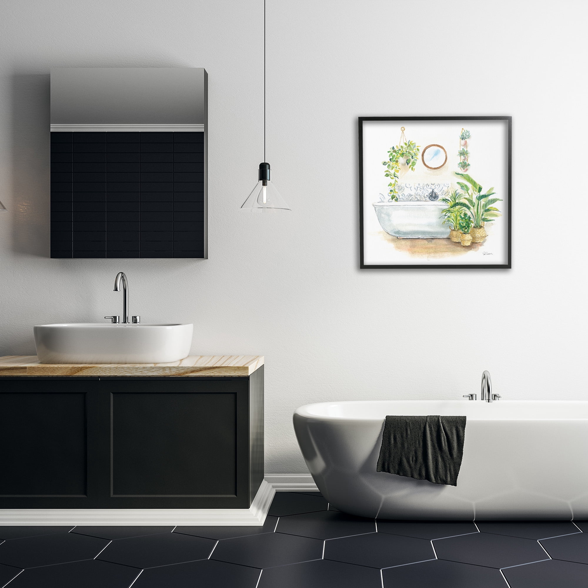 Stupell Industries Serene Bathroom Interior with Greenery Botanical & Floral Painting Black Framed Art Print Wall Art, 24 x 24