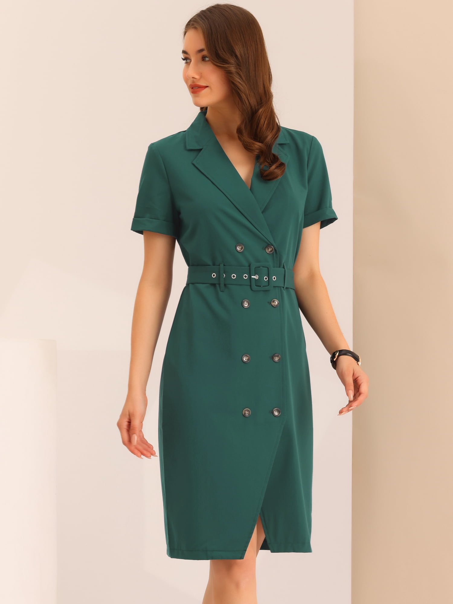 DARING DIVA Women's Short Sleeve Notched Lapel Double Breasted Blazer Dresses S Dark Green