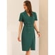 thumbnail image 2 of Vestido de mujer de verano 2023 de manga corta con solapa con muescas y cuello en V con doble botonadura y cinturón para trabajo y oficina Verde Oscuro XS, 2 of 6