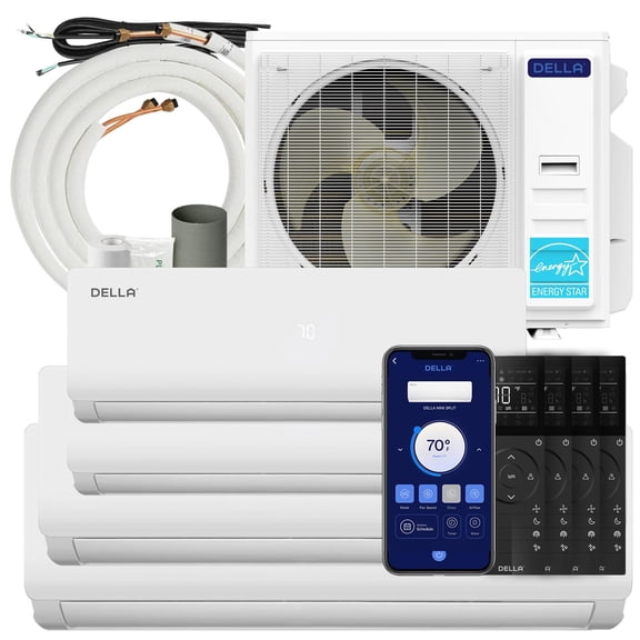 Della 45K BTU ODU Multi Zone Air Conditioner Quad 4 Zone (9K 12K 12K 24K) Mini Split 19 SEER2 208-230V Cools Up to 3000 Sq.Ft, Works with Alexa, Wifi Energy Efficient Pre-Charged Heat Pump Full Set