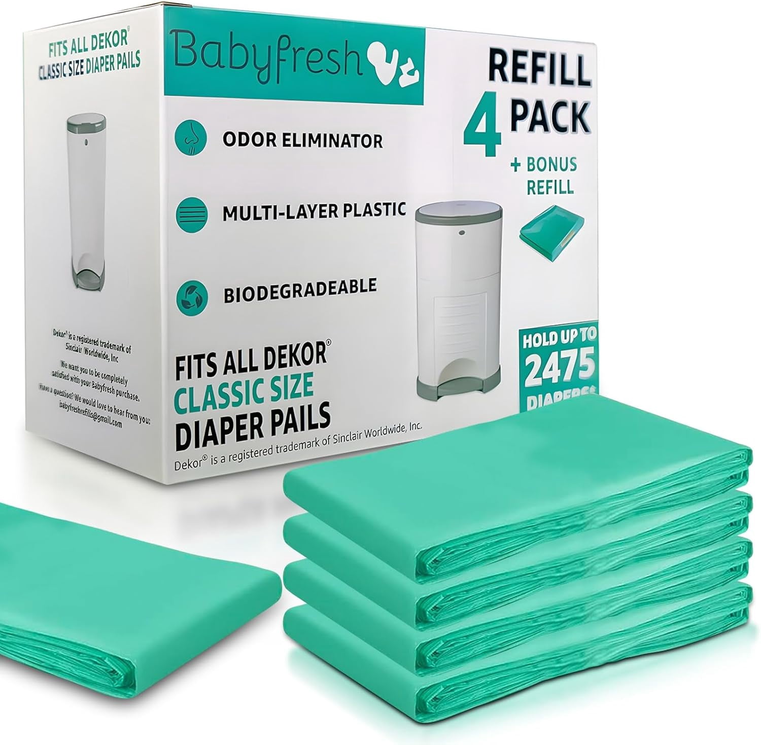 4+1 Pack Refill Bags for DEKOR CLASSIC Diaper Pails | 30% Thicker & Stronger | Fresh Powder Scent | Odor Control | Holds up to 2,475 Diapers | Durable, Leak-Proof, Easy to Use