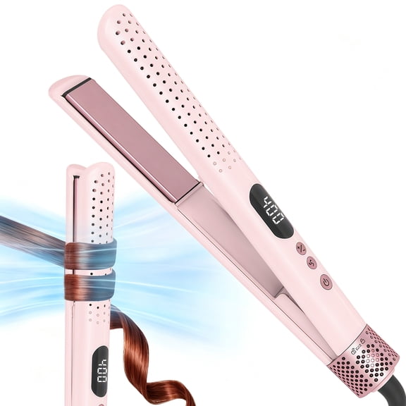 2-in-1 Airflow Curling Iron Flat Iron, Hair Straightener & Curler, 1 inch Curling Wand with 20 Million Negative Ions, 5 Temp Settings, Dual Voltage for Travel