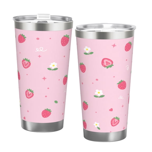 20oz Pink Strawberry Daisy Car Tumbler Insulated Travel Cup with Handle and Straw Lid Cute Gift with Double Silver Rim