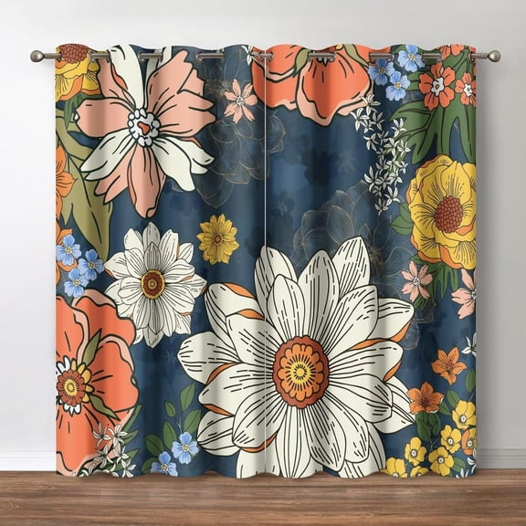Boho Floral Blackout Curtains, Bohemian Tropical Flower Print Decor, Wash Painting Patterned Grommet Window Drapes for Home Bedroom Living Room, 52 Wide 84 Long inches 2 Panels
