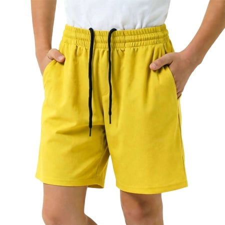 ZHOGXU Kids Boys Athletic Shorts Drawstring Elastic Waist Solid Color Breathable Mesh Running Gym Basketball Workout Shorts With Pockets For Daily Wear Yellow 10-11 Years