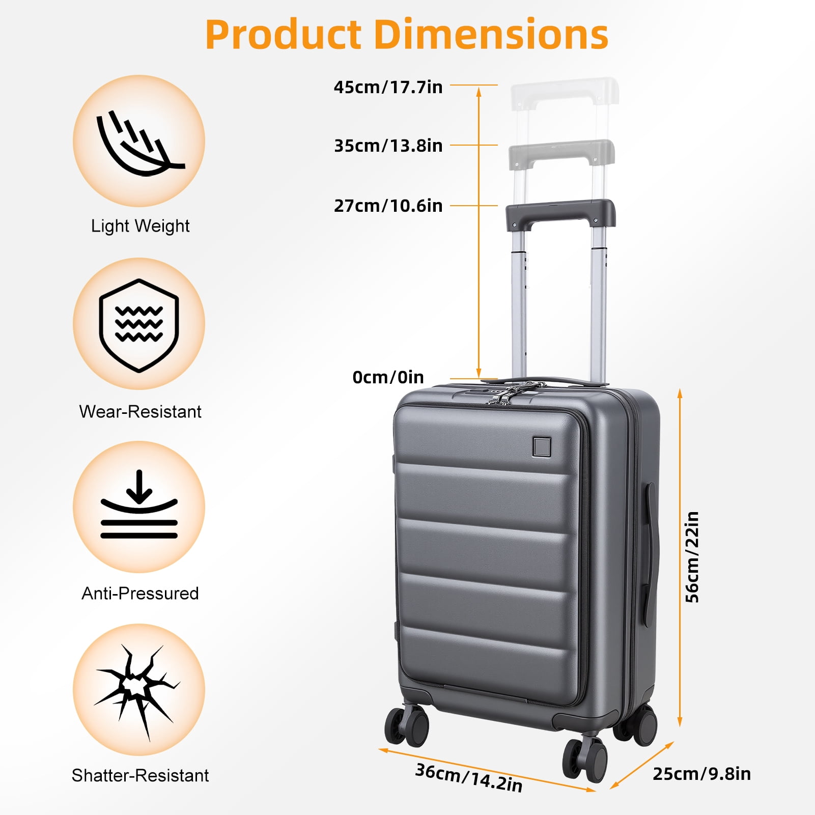 20 Inch Carry-On Luggage with Front Laptop Pocket, USB Charger Port & Cup Holder, 360 Degrees Spinner Wheels, Side Hook, Phone Stand , TSA Lock, Airline Approved Hard Shell Suitcase