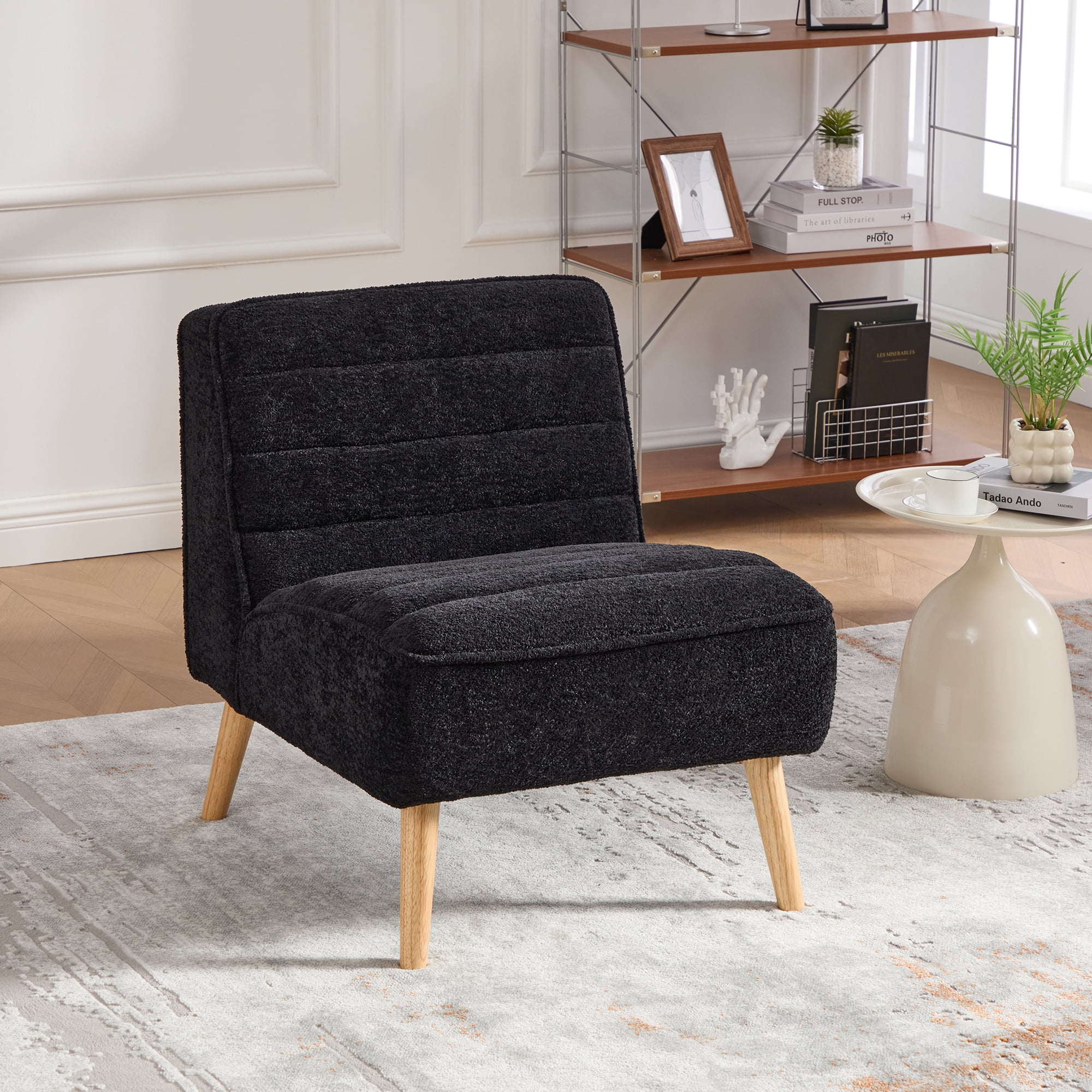 Armless Accent Chair, Upholstered Chair, Chenille Accent Chair with Rubber Wood Legs, Black for Living Room, Bedroom, Office