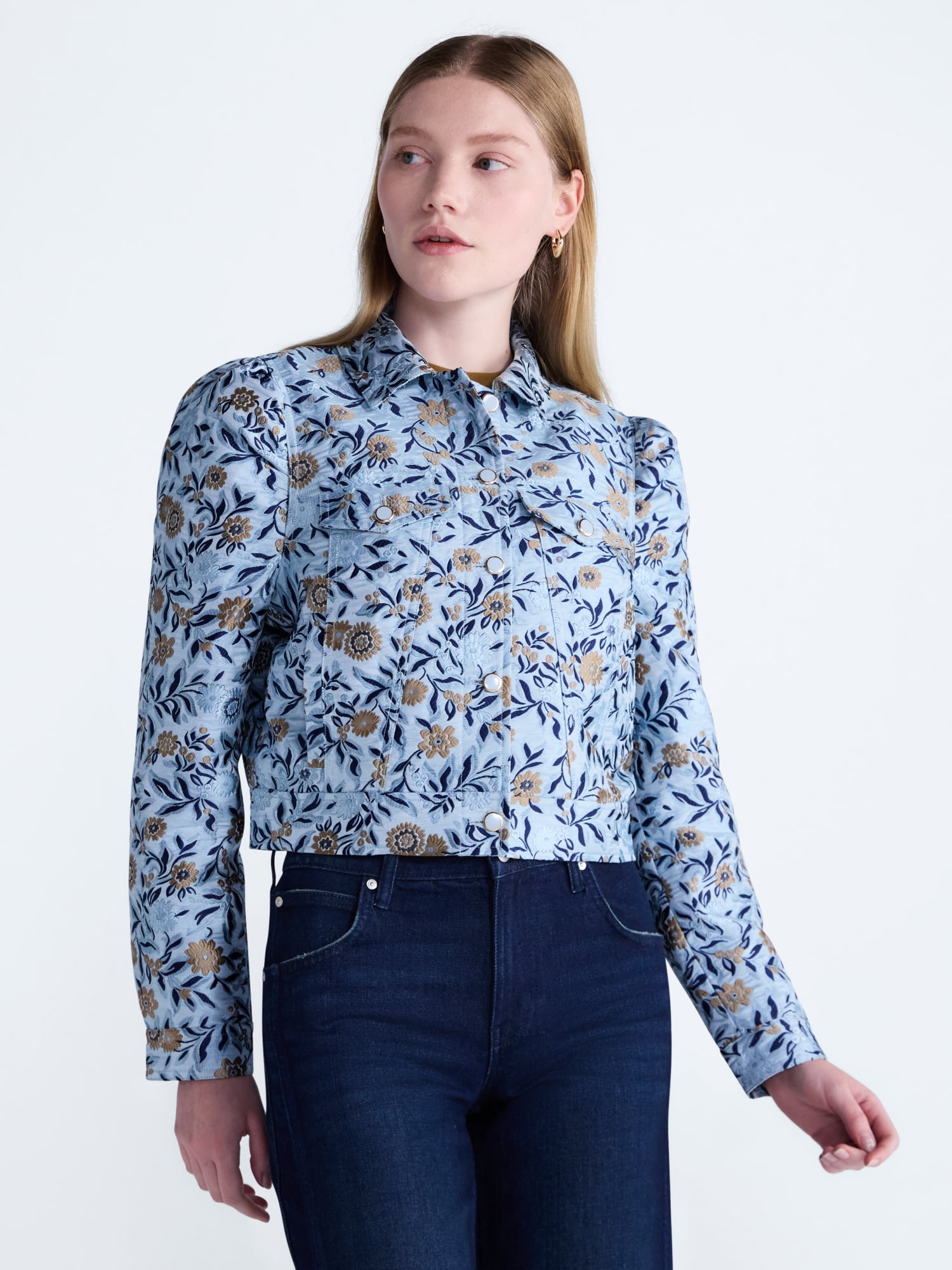 Scoop Women’s and Women's Plus Cropped Trucker Jacket with Puff Sleeves, Sizes XS-4X