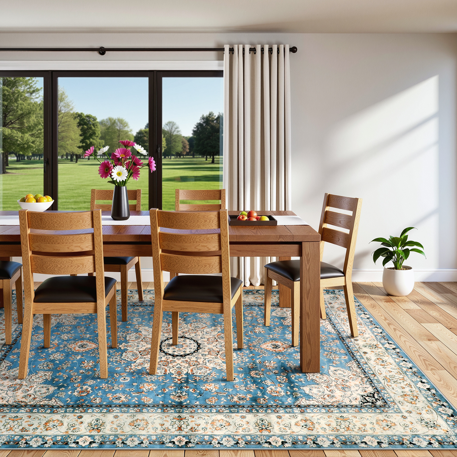 Wonnitar Boho Tribal 4'x6' Area Rug for Living Room, Washable Rug for Bedroom Vintage Oriental Accent Rug for Dinning Room Office Non Ship Low Pile Stain Resistant, Light Blue