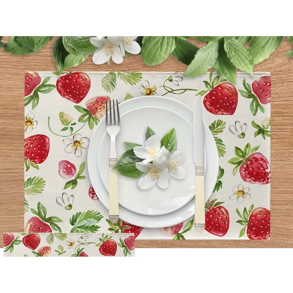 4pcs Set Spring and Summer Floral Sweet Fruit Strawberry Placemats Daily Seasonal Placemats Suitable for Outdoor Family Party Kitchen Restaurant Decoration 12x18 inches