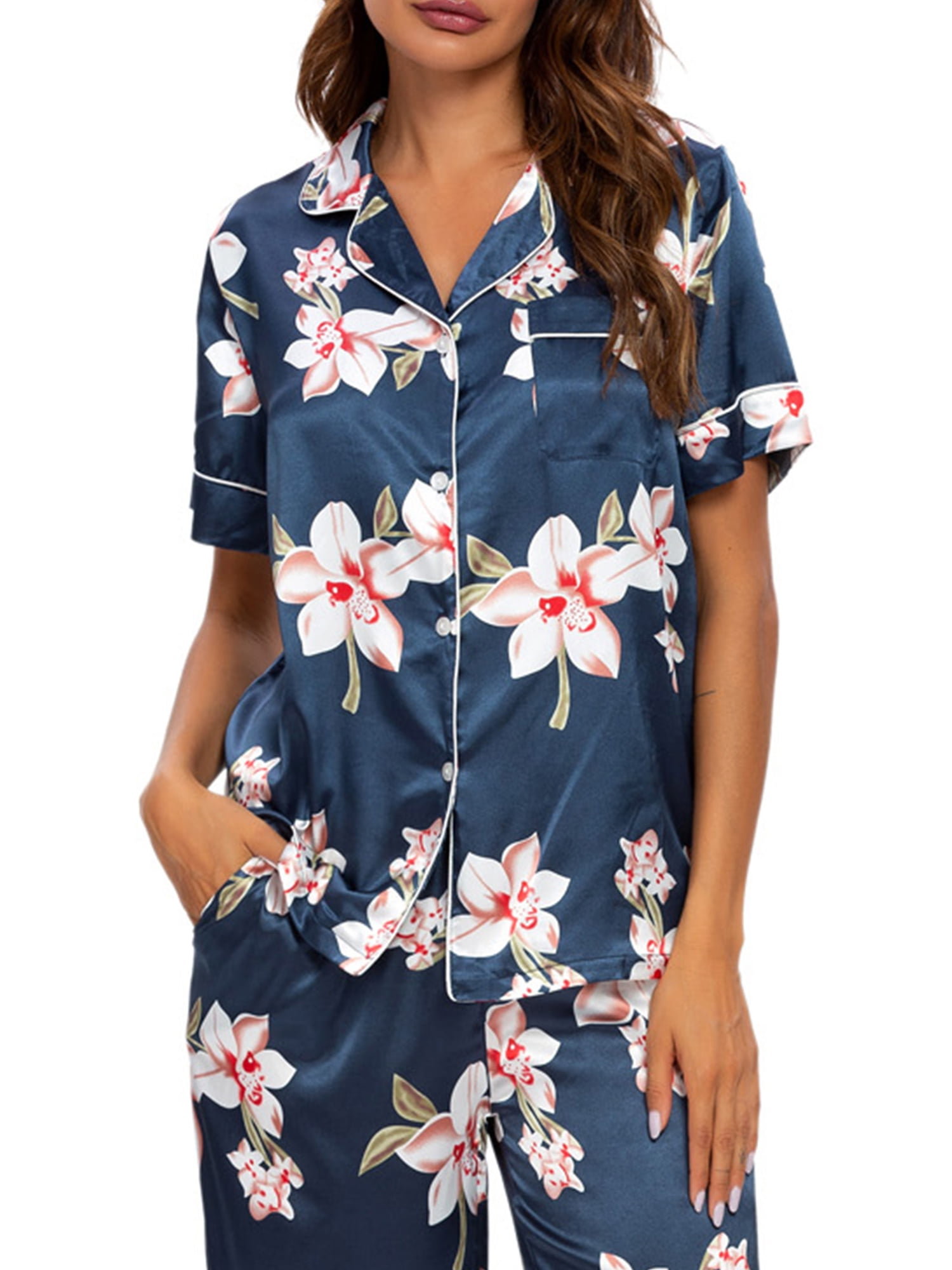 Unique Bargains Women's 2pcs Floral Button Down Pajama Set Nightwear Sleepwear Sets
