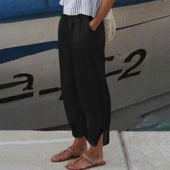 Stephy Womens Daily Elastic Waist Pockets Straight Solid Color Casual Pants Loose Long Trousers, Black, XL