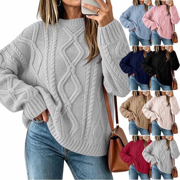 YHAJDS Women's Cable Knit Sweaters Solid Color Long Sleeve Crew Neck Loose Knit Pullover Top