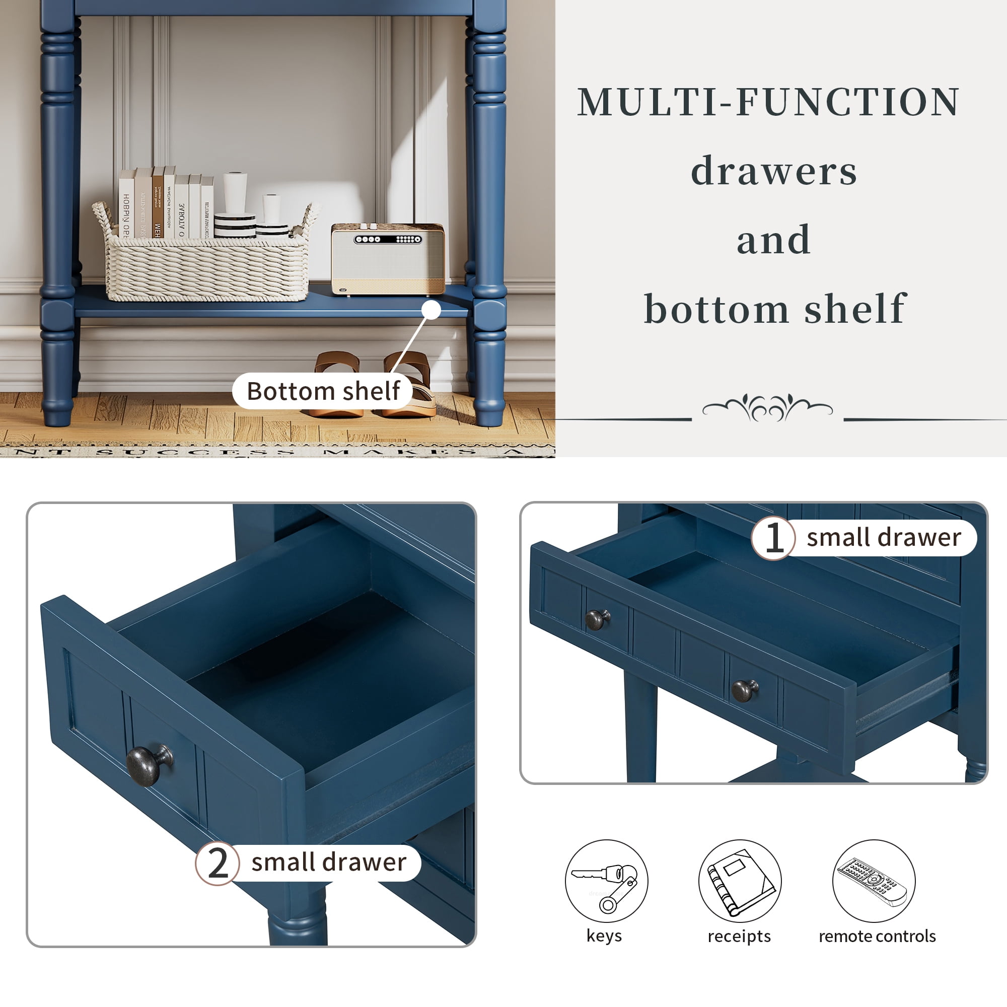 Harper & Bright Designs Narrow Console Table with Storage Drawers and Bottom Shelf for Entryway Living Room, Retro Console Table for Small Space, Navy