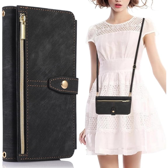 Design for Samsung Galaxy Note 10 Plus Crossbody Wallet Case with PU Leather Card Holder Slots Kickstand Magnetic Closure Flip Folio Zipper Handbag Cases Shockproof Protective Cover Men Black