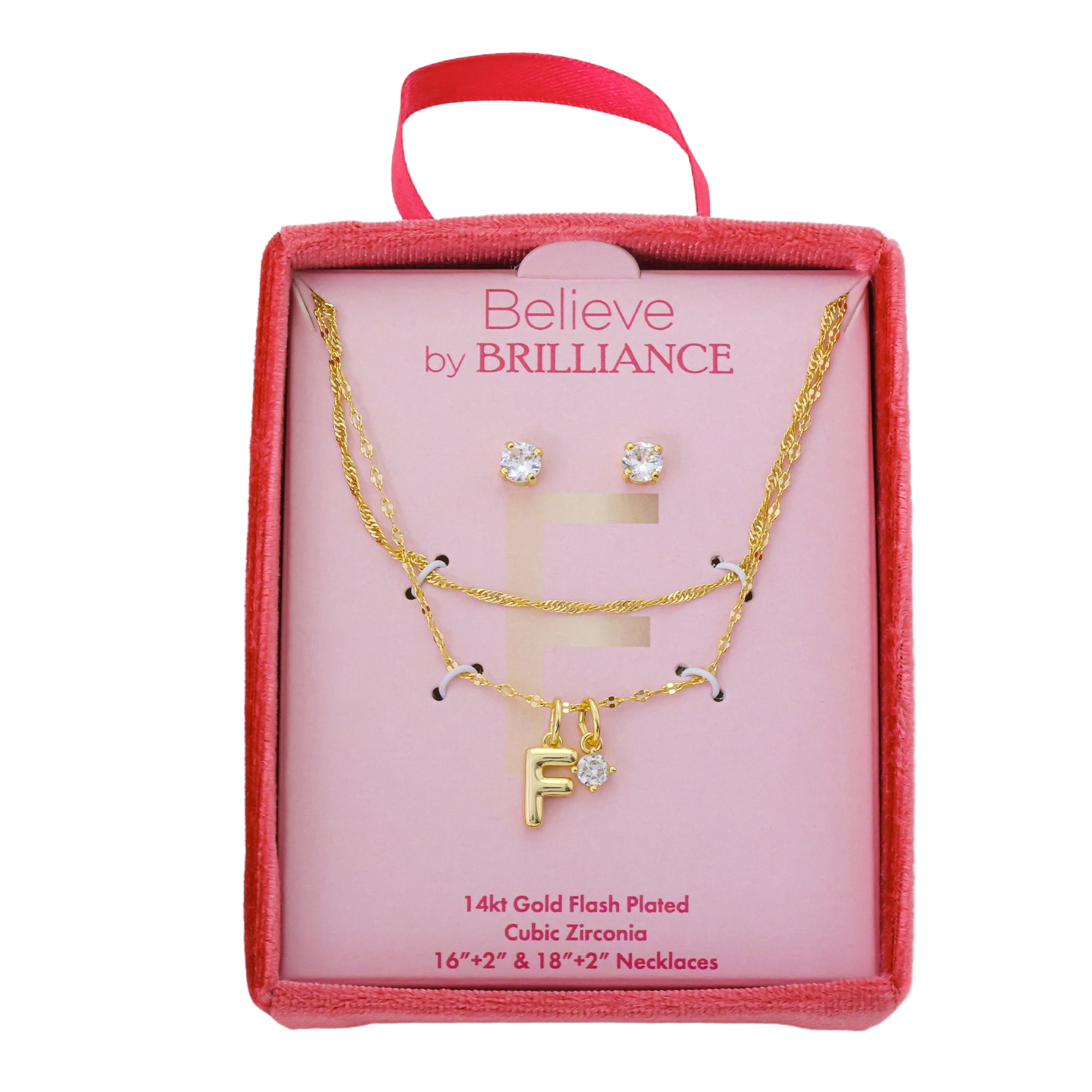 Believe by Brilliance Women's 14Kt Gold Flash Plated Initial F Slider Charm and Cubic Zirconia Charm Layered Necklace and Stud Earring Set, 16+2"/18+2"