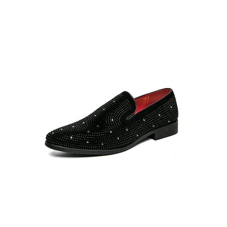 

Ritualay Mens Leather Shoe Pointed Toe Flats Rhinestone Dress Shoes Lightweight Non Slip Loafers Party Wedding Black Style F 6.5