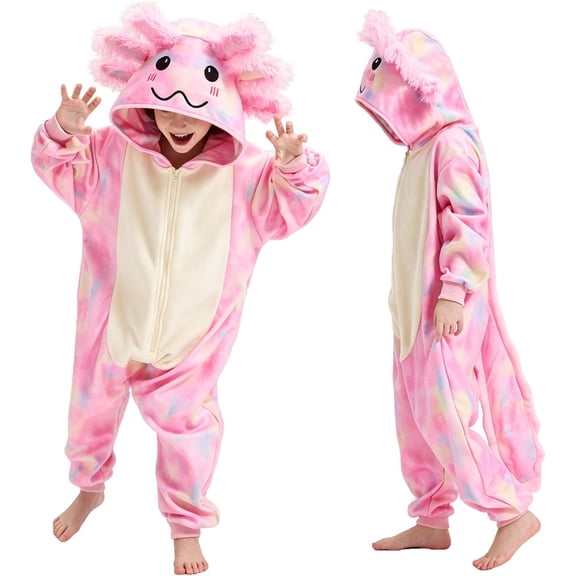 Pink Axolotl Onesie Pajamas for K'ids - Soft Plush Hooded Animal Cosplay Costume with Zipper & Tail, Warm Loungewear Outfit for Halloween & Parties