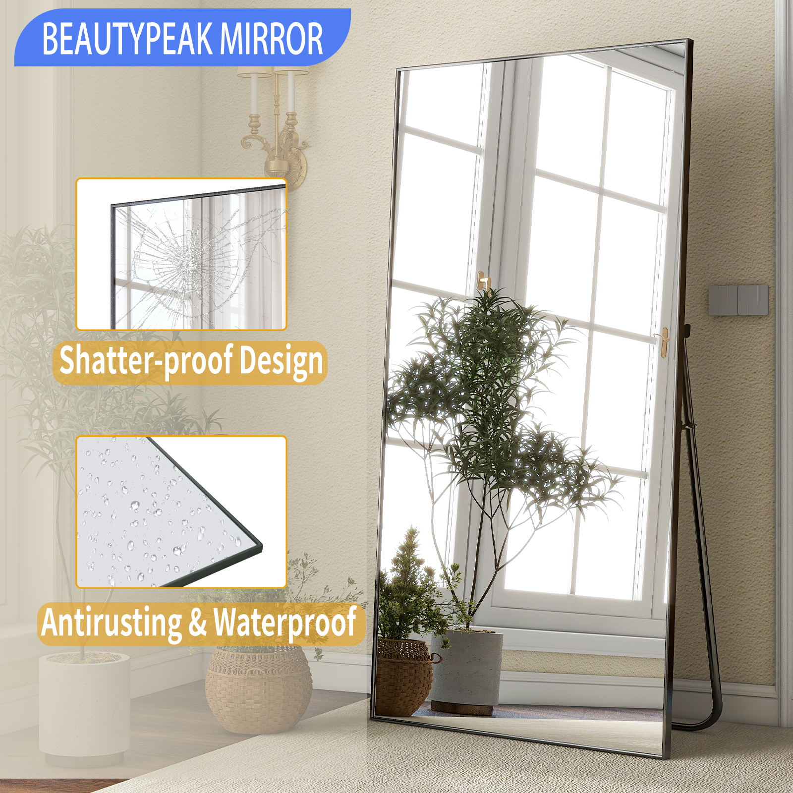 BEAUTYPEAK 76"x34" Full Length Mirror Rectangle Floor Mirrors for Standing Leaning or Hanging, Black - image 2 of 6