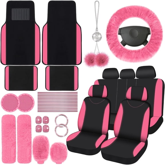 47 Car Seat Cover Full Set Car Seat Covers For Car Front Rear Seat Cover Fluffy SteeringWheel Cover Seat Belt Automotive Floor Mats Car Air Conditioner Decoration Strip