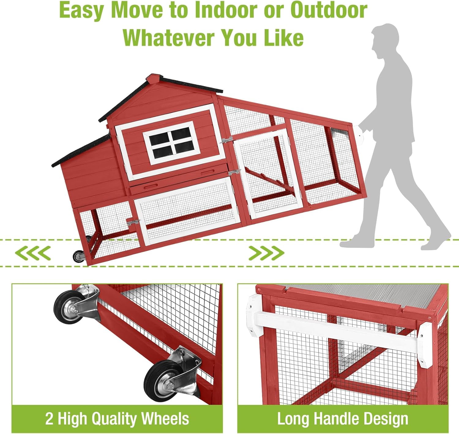 MEDEHOO Chicken Coop Mobile Chicken House On Wheel Outdoor Rabbit Hutch for 2-4 Chickens 67"(Red)