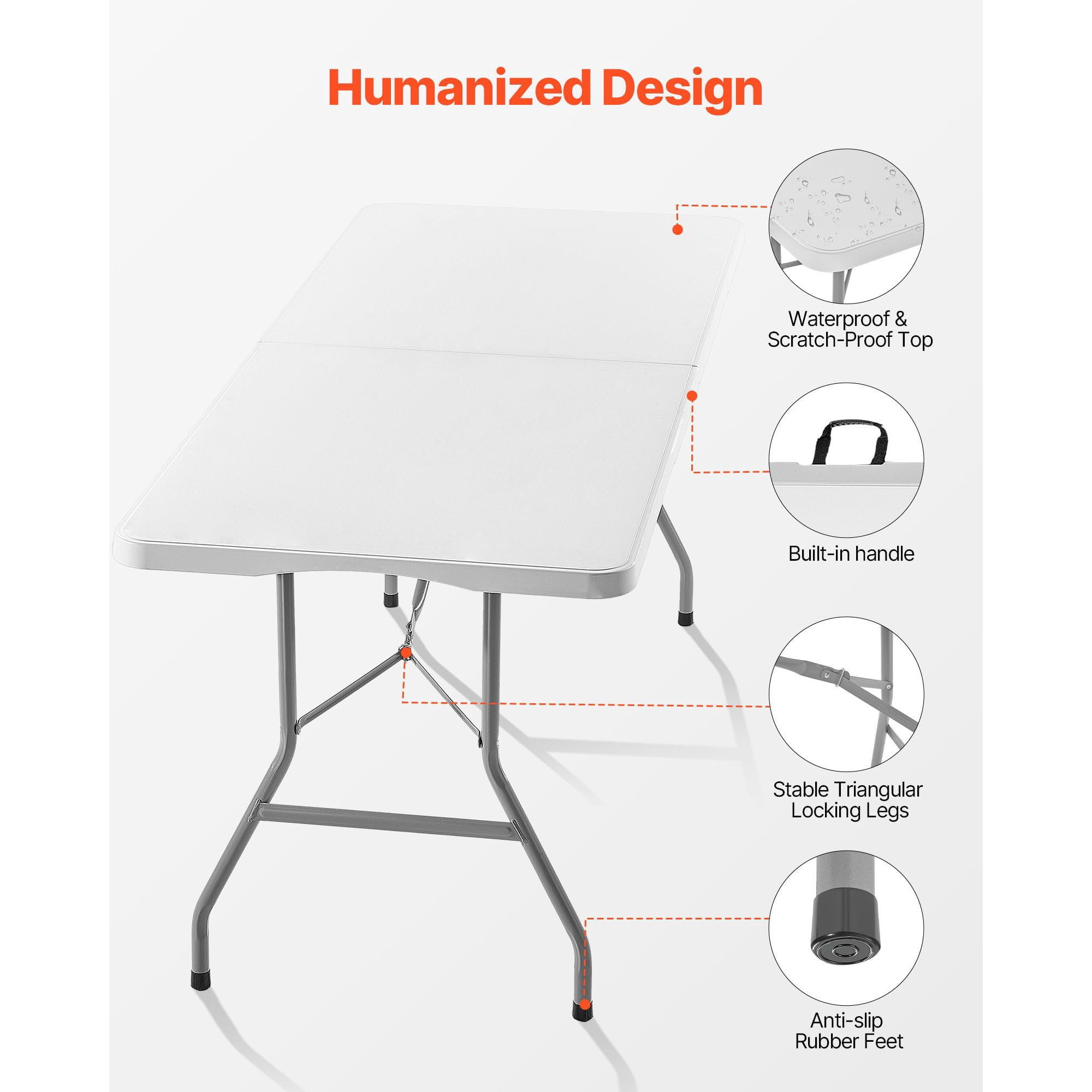 6 FT Fold-in-Half Utility Folding Table, 3.8cm Thick HDPE Portable Rectangle Table Supports 330 LBS, Built-in Handle Locking Legs for Camping Picnic BBQ Wedding Indoor Outdoor