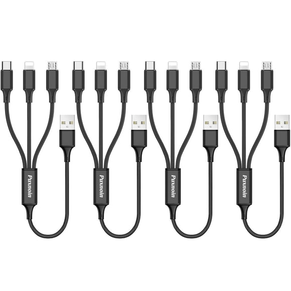 Cable de carga Puxnoin Multi 3 en 1 de 30 cm para teléfono móvil, paquete de 4