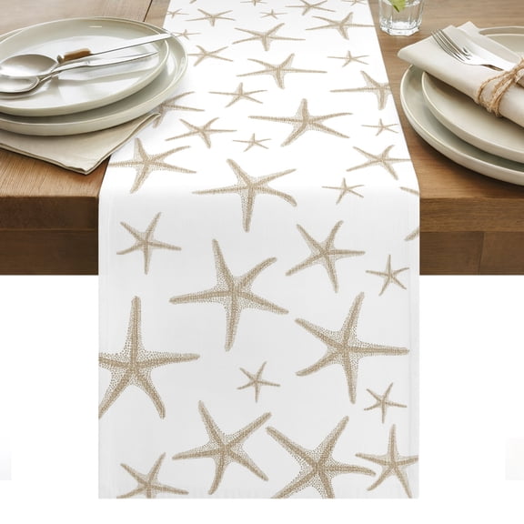 Beige Starfish Cotton Linen Table Runner Summer Coastal Beach Nautical Ocean Dining Table Runners for Home Decor Party Dining Room Restaurant Kitchen Party 13" x 120"
