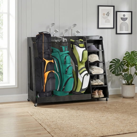 Thanaddo Wooden Golf Bag Organizer Heavy-Duty Storage Rack Fits 3 Golf Bags with Side Shelves, Gray, 1-Pack