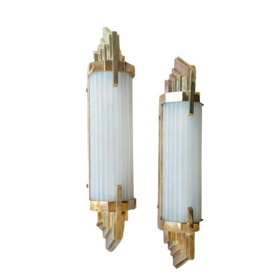 Pair Of Antique Old Vintage Art Deco Skyscraper Brass & Frosted Glass Rod Ship Light Wall Sconces Lamp