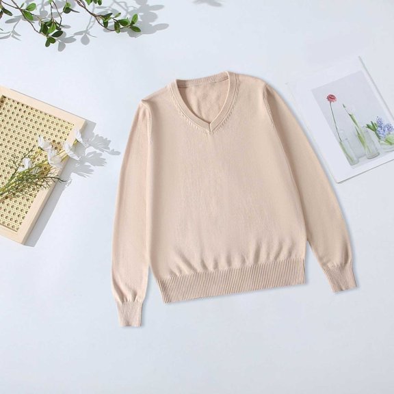 Dyfzdhu Toddler Kids Girls Boys V Neck Sweater Solid Color Long Sleeve Knit Top 4-7 Years Old