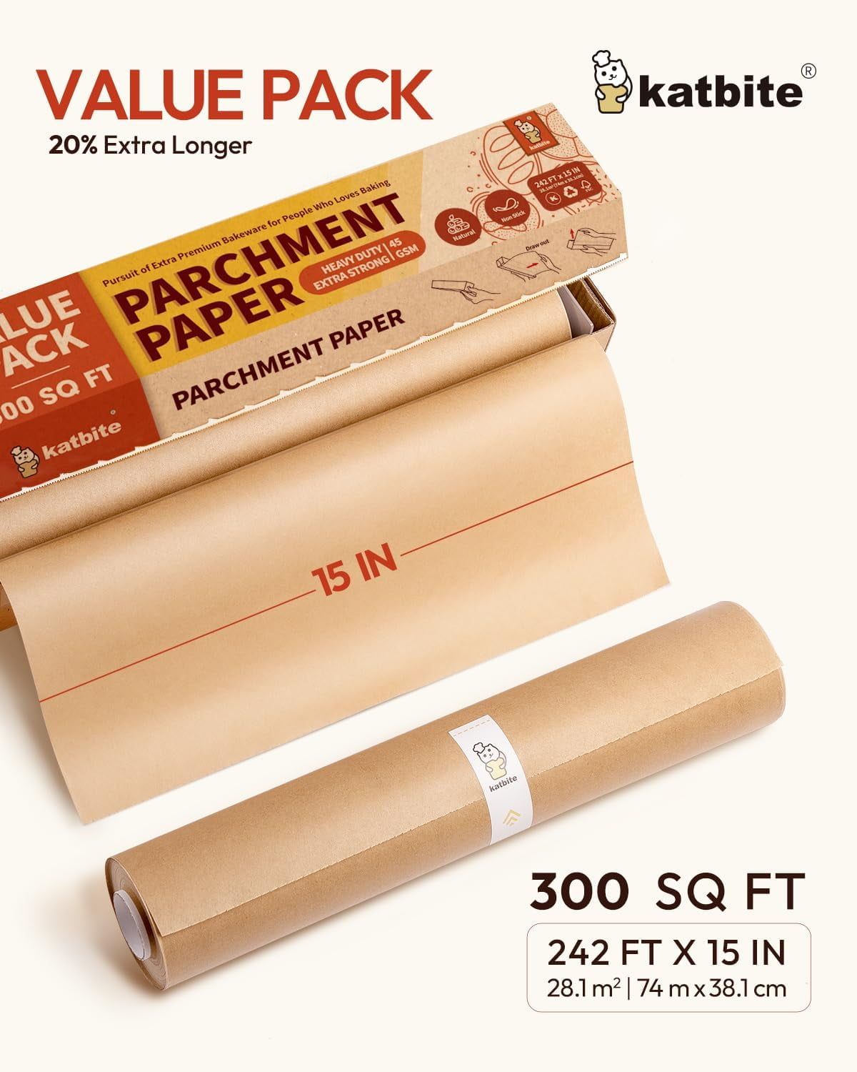 Unbleached Parchment Paper Roll, 15in x 242ft, 300 Sq.Ft, Non-Stick with Serrated Cutter for Baking, Cooking, Air Fryer