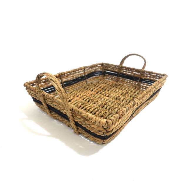 rectangular woven serving tray with natural paper and rush fibers featuring two side handles