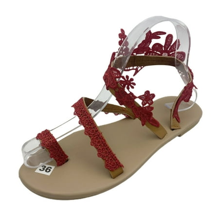 

New Summer Toe Ring Sandals Bohemian Flowers Casual Flat Comfy Shoes 38 Red