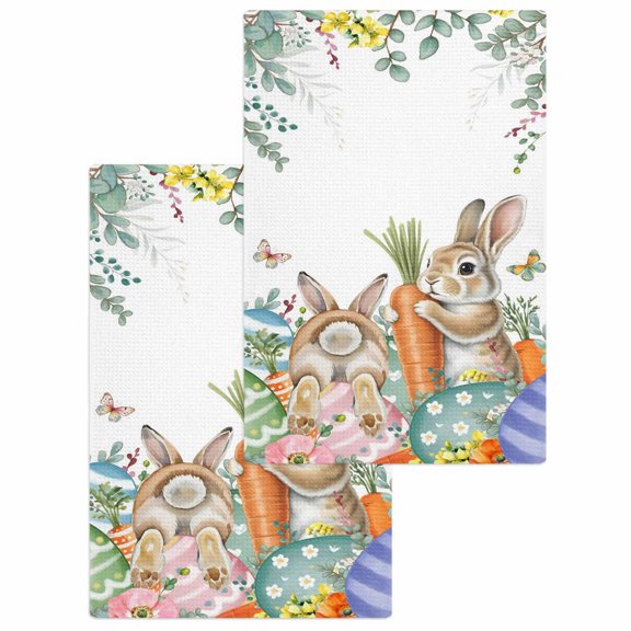 Spring Easter Kitchen Dish Towels for Drying Dishes Set of 2, Rabbits Eggs Botanical Floral Leaf Butterfly Waffle Weave Microfiber Hand Tea Bathroom Towels Quick Dry & Absorbent Towel 15.7x23.6