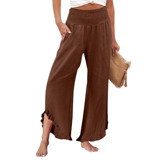 Nestiefly Linen Pants Women Summer Wide Leg Smocked Waist Ruffle Hem Pants Boho Flowy Beach Vacation Pant with Pockets Brown M