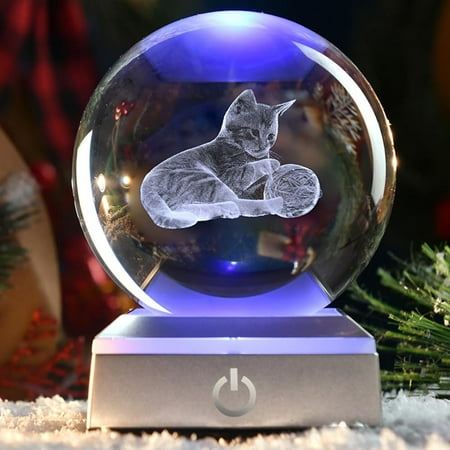 

80Mm Cat Lover Gifts For Women 3D Laser Cat Night Light Cat Crystal Ball Decor Kitten Collectibles Stuff For Room Decor With Colorful Touch Light Base