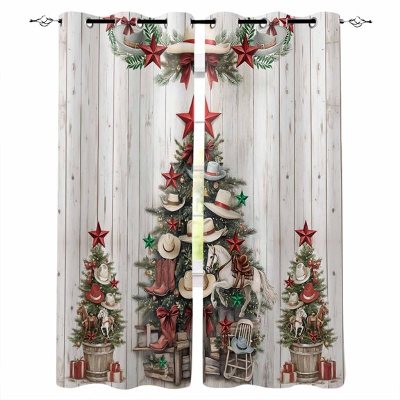 Hokiten Western Christmas Blackout Curtains | Light Blocking Print Window Curtains, Xmas Cowboy Tree Vintage Wooden Thermal Insulated Window Drapes for Living Room Kitchen (2 Panels, 104"W x 90"L)