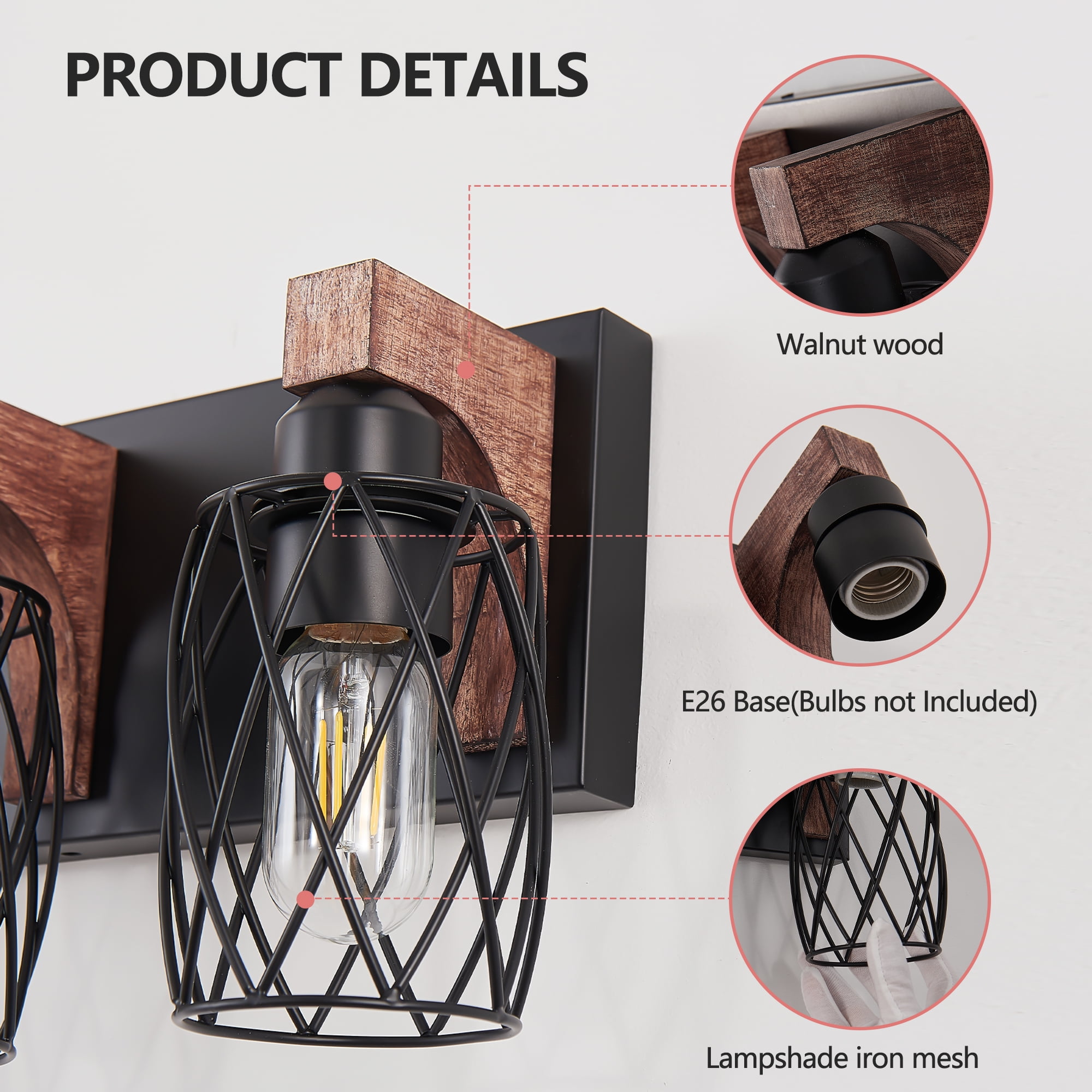 Miniyam 17.5 in. W 3 Lights Vanity Light Industrial Walnut Black Wall Sconce Black Cage Lighting Fixture for Bathroom Over Mirror, E26, No Bulbs Included