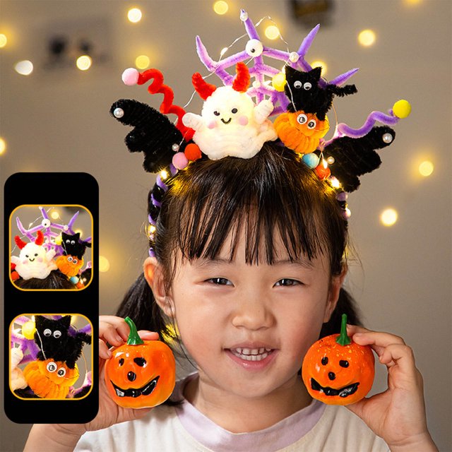 Halloween Pumpkin Headband DIY Kit For Children - Glows - In - The - Dark Pipe Cleaner Materials For Party Dress - Up Spooky