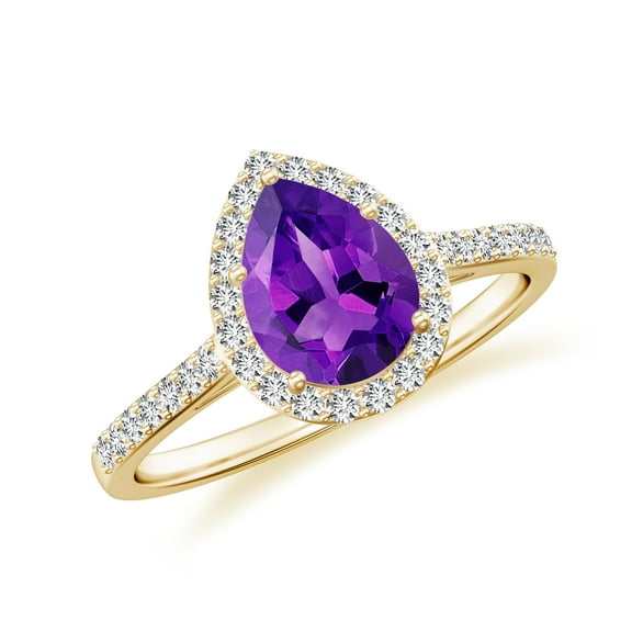 925 Sterling Silver Pear Shaped Amethyst Halo Ring, Moissanite Engagement Ring in Yellow Yellow Gold Plated| Teardrop February Birthstone Wedding Ring, Birthday, Anniversary Jewelry, Ring Size 5