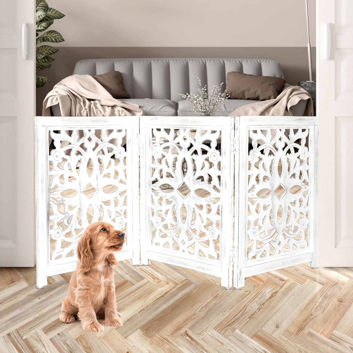 Lightnpro Foldable Carved Wooden Dog Gate - Freestanding Indoor Pet Safety Barrier, Adjustable Decorative Dog Fence for Stairs, Doorways & Hallways - 24x18 Inch Antique White