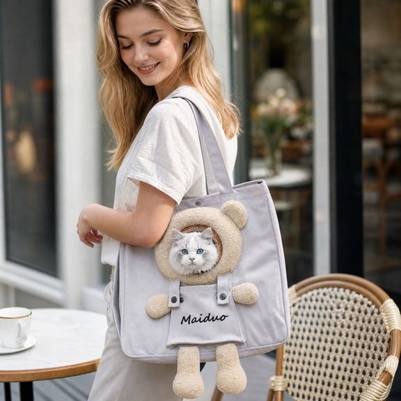 Soft Furry Pet Carrier Bag For Small Dogs And Cats, Head Out Breathable Travel Tote, Teddy Bear Style Shoulder Handheld Carrier, Gray Khaki
