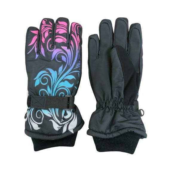 N'Ice Caps Girls Kids Thinsulate Waterproof Winter Flower Print Snow Ski Black Gloves, Female
