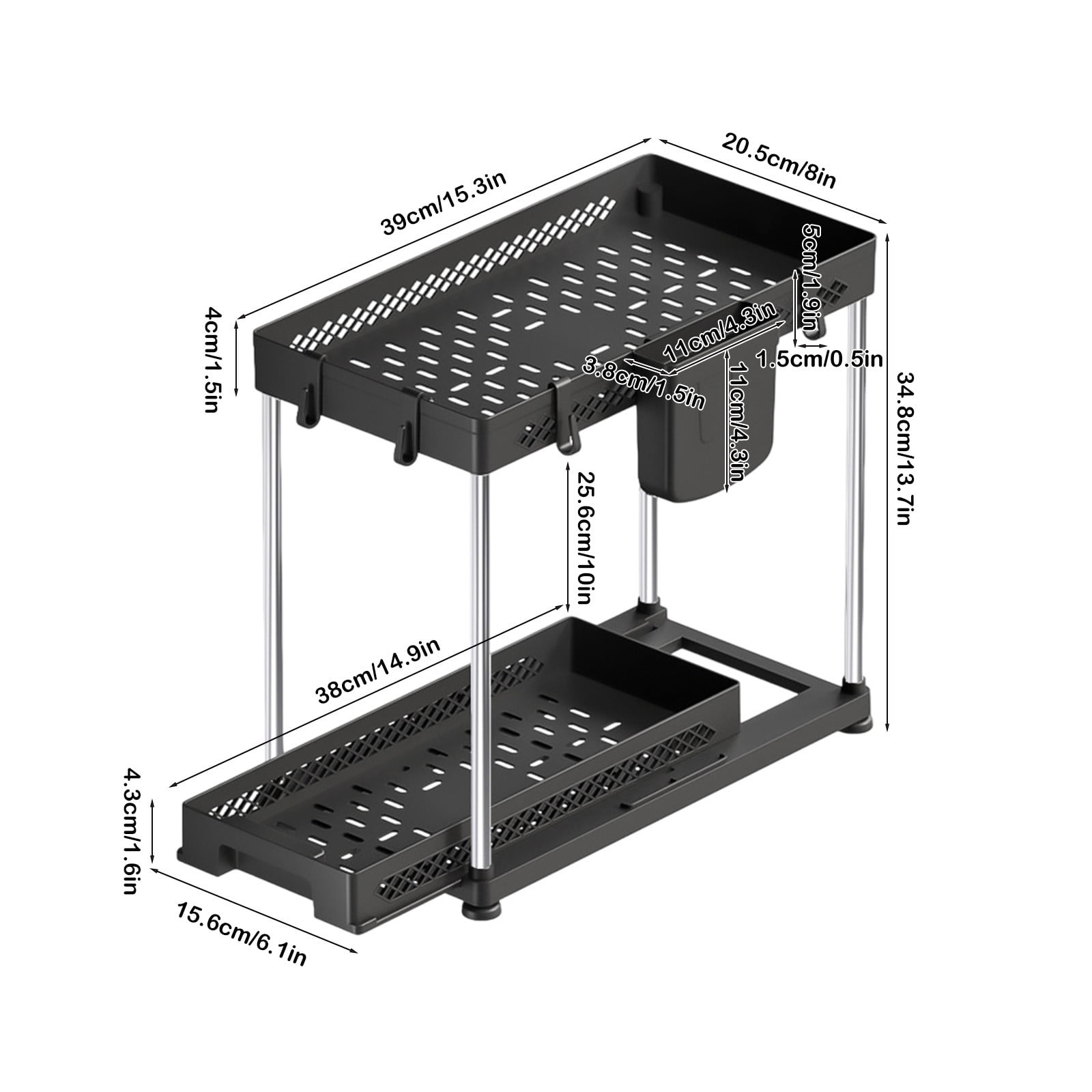 Oggfader 2 Tier Under Sink Pull Out Organizer, Black Plastic Storage Rack for Kitchen Bathroom, Space Saving