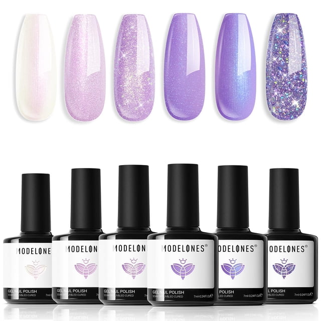 Set de esmaltes de uñas en gel modelones Purple Glitter, 6 colores