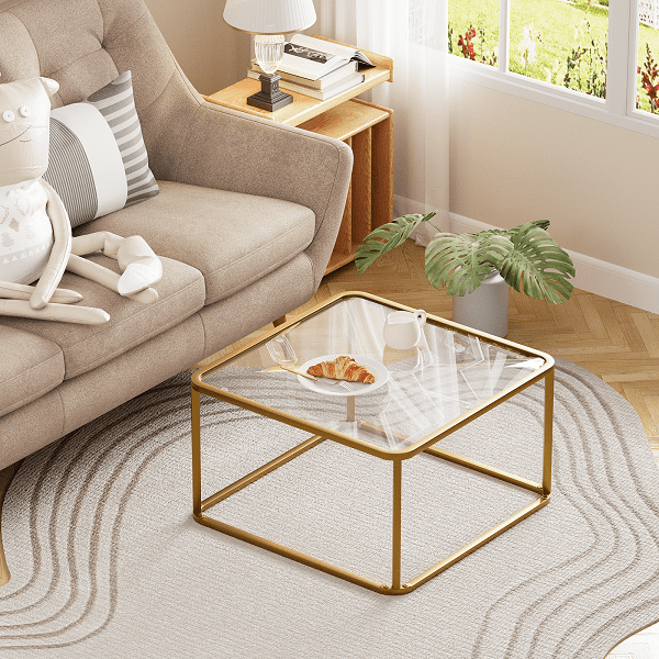 Coffee Table Glass, Minimalist Square Tables for Living Room, Modern Center Table for Office or Small Space, Tempered Glass, Sturdy Metal Frame, Easy Assembly, 26.4 x 26.4 x 15.7 Inches Gold