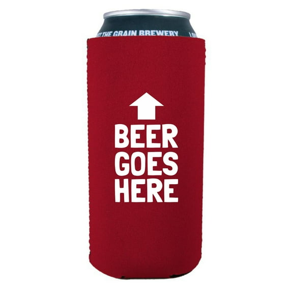 Beer Goes Here Arrow Up Funny 16 oz. Can Coolie (Red)