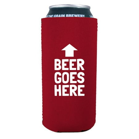 

Beer Goes Here Arrow Up Funny 16 oz. Can Coolie (Red)