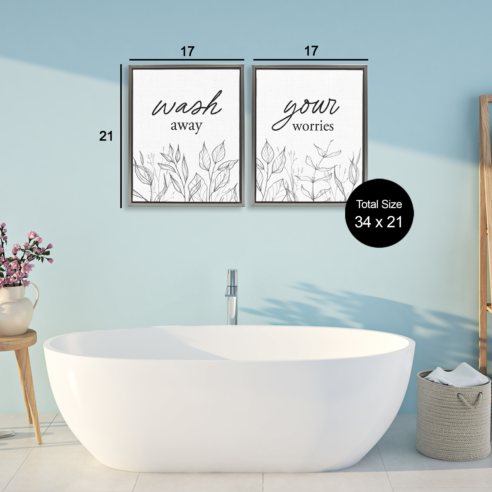 Wash Away Worries Minimalist Leaves 2 Piece Gray Framed Floater Canvas Set, design by Lettered and Lined